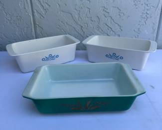 Vintage Pyrex Autumn Harvest Baker  Corning Ware Cornflower Loaf Pans  3 Pcs