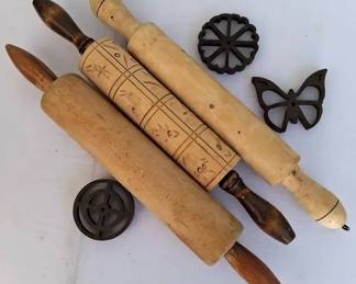 Vintage Wooden Rolling Pins and Cast Iron Stamps