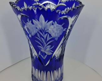 Large Vase Blue Cut Crystal Rose Pattern