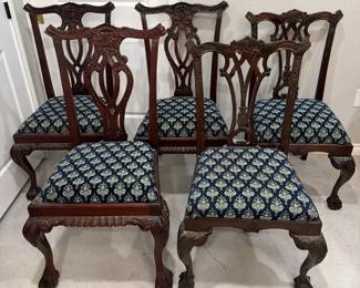  02 Set of 5 Chippendale Style Carved Mahogany Dining Chairs with Ball and Claw Feet