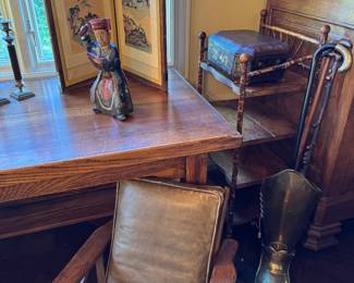 Salesman sample / children’s mission oak chair. Green antique leather horsehair stuffing.