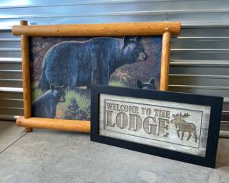 Rustic Log-Framed Bear Print and "Welcome to the Lodge" Sign