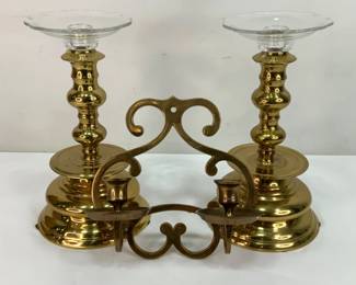 Brass Candlesticks with Glass Bobeches and Wall Sconce