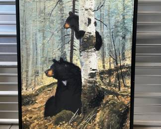 Framed Black Bears and Birch Tree on Canvas