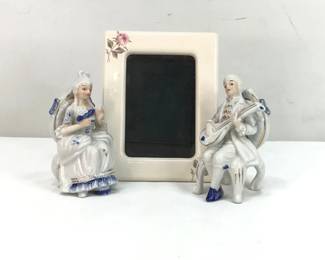 Porcelain Courtier Figurines and Ceramic Picture Frame