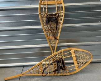 Pair of Wooden Snowshoes with Leather Bindings