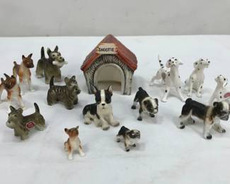Miniature Ceramic and Bone China Dog Figurines with Doghouse
