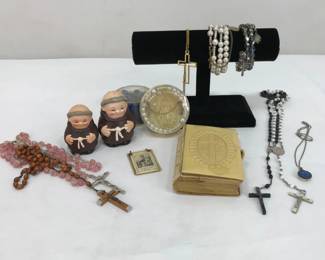 Religious Collectibles, Rosaries and Ceramic Monk Shakers