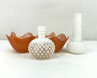 Art Glass Ruffled Bowls and Hobnail Glass Vases