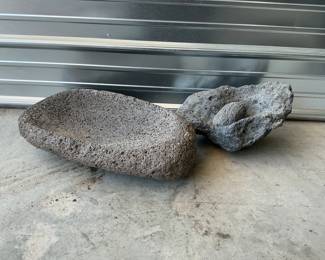 Carved Volcanic Stone Grinding Basin, Mortar and Pestle