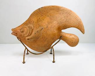 Terracotta Fish Sculpture with Metal Wire Stand