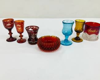 Colored Glass Cordial Glasses, Tumblers and Hobnail Dish