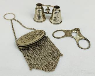 Sterling Silver Opera Glasses, Mesh Coin Purse and Cigar Cutter