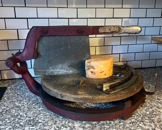 #22 antique cheese cutter, metal blade & frame, wood cutting board, 21" wide by 12" tall, $90 text 704-607-6225 to purchase now