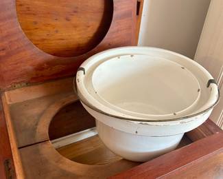 #20 antique mahogany chamber pot cabinet with porcelain pot, pull out step, 19" tall x 22" wide, $150 text 704-607-6225 to purchase now