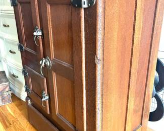 #15 antique ice box, 30” wide, 18” deep, 40” tall, very good condition, no rust, very slight surface top discoloration, $395 text 704-607-6225 to purchase now