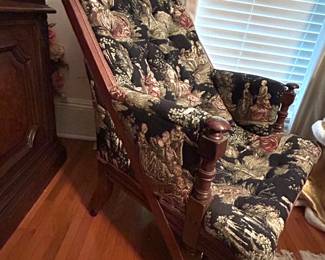 #7 vintage upholstered chair 38” tall by 27” wide by 38” deep upholstered antique chair $90. text 704-607-6225 to purchase now