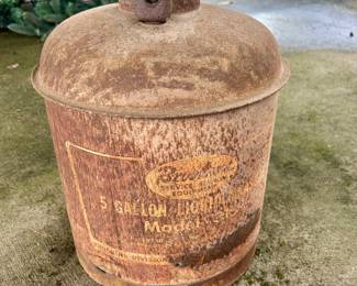 #5 vintage Brookins 5 gallon metal gas/oil can, 25" tall, $40 text 704-607-6225 to purchase now