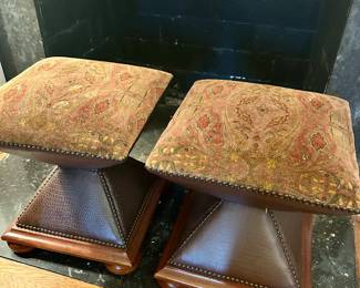 #18 PAIR of Baker hourglass stools/ottomans 16” by 16” by 17” tall, nailhead trim, excellent condition, $200 for the pair text 704-607-6225 to purchase now