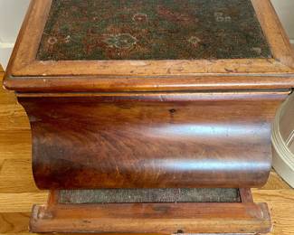#20 antique mahogany chamber pot cabinet with porcelain pot, pull out step, 19" tall x 22" wide, $150 text 704-607-6225 to purchase now