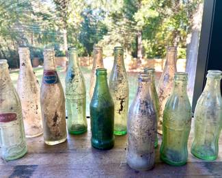 #24 Old soda bottles (12) Pepsi, PepsiCola, Cheerwine, CocaCola, Sprite, unmarked $30, text 704-607-6225 to purchase now
