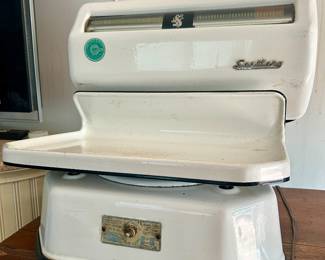 #16 vintage enamel commercial scale 21” wide 19" wide, $12704-607-6225 to purchase now