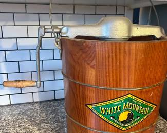 #23 White Mountain hand crank ice cream machine, 16" tall, appears to be in very good shape, but working condition unknown (not tested) $50. text 704-607-6225 to purchase now