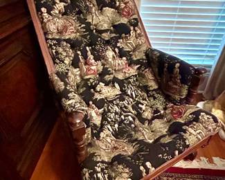 #7 vintage upholstered chair 38” tall by 27” wide by 38” deep upholstered antique chair $90. text 704-607-6225 to purchase now