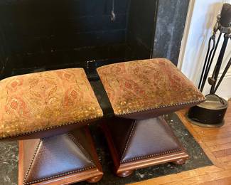 #18 PAIR of Baker hourglass stools/ottomans 16” by 16” by 17” tall, nailhead trim, excellent condition, $200 for the pair text 704-607-6225 to purchase now