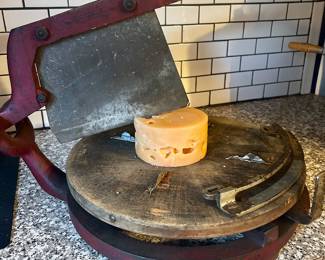#22 antique cheese cutter, metal blade & frame, wood cutting board, 21" wide by 12" tall, $90 text 704-607-6225 to purchase now