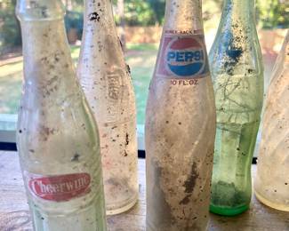 #24 Old soda bottles (12) Pepsi, PepsiCola, Cheerwine, CocaCola, Sprite, unmarked, $30, text 704-607-6225 to purchase now