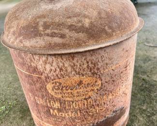 #5 vintage Brookins 5 gallon metal gas/oil can, 25" tall, $40 text 704-607-6225 to purchase now