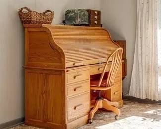 Vintage oak roll top desk and chair