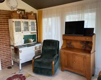 Hoosier cabinet, green rocker recliner (2), small antique hutch, baskets, vintage wash basins
