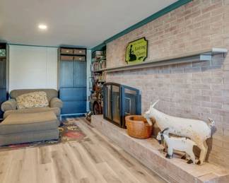 Oversize green chair & ottoman, IKEA cabinets (2), Longaberger corn basket, metal goats, fire place screen