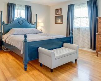 King size bed, French provincial nightstand & chest, upholstered bench