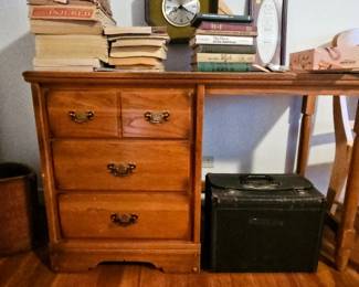 Small wooden desk, vintage.  Old sales case. Books.  Wooden trash can, vintage