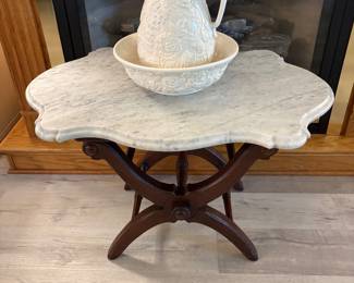  Antique Marble & Walnut Accent Table 