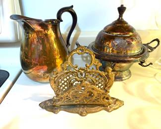 Victorian Brass Ornate Letter Holder & Butter Dish & Silver Pitcher 