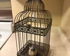 Metal bird cage with bird $25