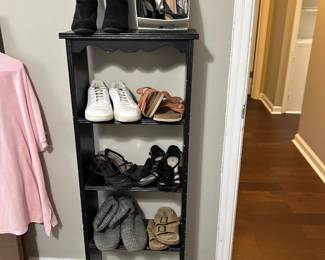 book case, shoes