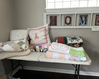 Quilts , monogramed pillow, old window pane art piece