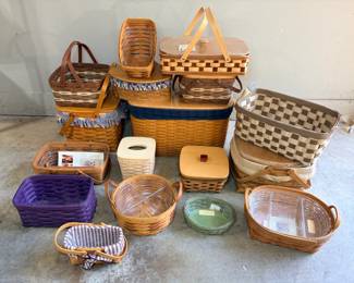 Longaberger Basket Collection – Assorted Weaves and Colors An assorted lot of Longaberger baskets in checkerboard, purple, plaid and natural weaves, including lidded baskets, a tissue box cover, divided baskets with clear protectors and fabric-lined baskets. A versatile Longaberger lot for storage and decor.