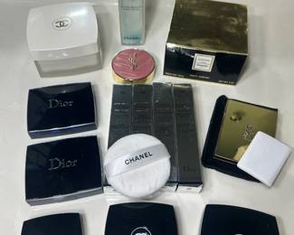 Chanel, Dior and YSL Makeup and Skincare Lot A luxury beauty lot with Chanel compacts, a Chanel Hydra Beauty bottle, a Chanel cream jar, a boxed Coco Chanel body cream, a Chanel powder puff, Dior eyeshadow compacts, boxed Dior mascaras and YSL compacts. A strong designer cosmetics lot. Usage levels vary — inspect in person.