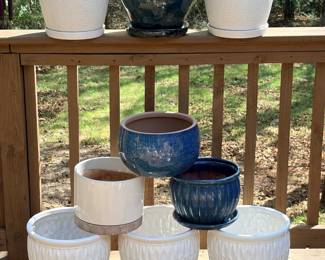 Glazed Planter Pots with Saucers – White and Blue Nine planter pots, most with saucers, including white textured planters and cobalt blue glazed pots in several sizes. Indoor or outdoor plant pots for houseplants, herbs or patio flowers. The glazes look intact in the photo.