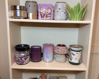 Electric Wax Warmers and Wax Melts Lot A shelf lot of wax melt warmers in various styles, including a purple LOVE warmer, a ceramic aloe plant warmer, a mushroom-shaped warmer and floral and butterfly designs, plus Drizzle Melts and pouch melts. Working condition not confirmed — sold as found.