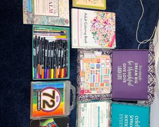 Adult Coloring Books and Colored Pencil Lot – Prismacolor and More A lot of adult coloring books, including Color Me Calm and The Big Book of Mandalas, a Prismacolor colored pencil set, a 72-count colored pencil set, a box of markers and boxed planner sticker and journal kits. A great art supply lot for relaxation and crafting.