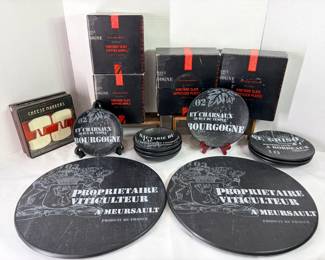 Williams-Sonoma Vineyard Slate Serveware – Plates, Dipping Bowls and Cheese Markers A Williams-Sonoma Vineyard Slate lot with French wine label designs, including two large round serving boards, appetizer plates, dipping bowls, several original boxes and a boxed set of cheese markers. Wine-themed serveware for entertaining.