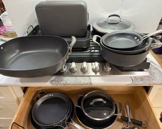 Dark-Coated Cookware Lot with Roasting Pan A cookware lot with a large oval pan, skillets, saucepans, a lidded pot and a covered roasting pan, plus more pans and a lidded saucepan in the drawer below. The dark cooking surfaces look in good shape in the photo. A solid kitchen restock.