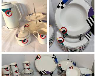 Retro Geometric Pattern Dinnerware Set with Carafe and Tiered Server A bold geometric dinnerware set with checkerboard, stripe and color-block designs, including dinner plates, rim soup bowls, cereal bowls, cups and saucers, a carafe, a covered sugar bowl, a creamer and a two-tier serving tray. A fun retro-style dinnerware set.